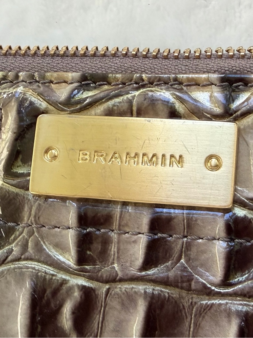 Brahmin Croc Embossed Leather Clutch Bronze Metallic Gray Tan Taupe EUC - Picture 3 of 10